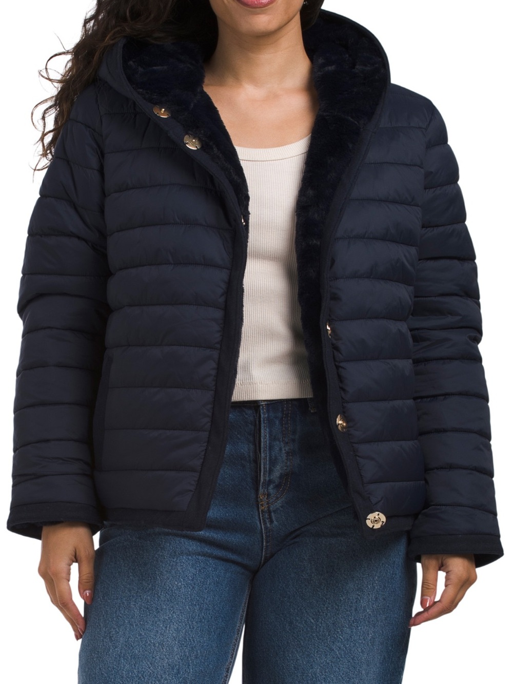Rebecca Minkoff Women's Reversible Navy Puffer Jacket with Faux Fur Trim